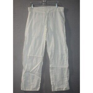 Jolie 100% Linen Straight Leg Pants Drawstring Waist Loose Fit White Medium